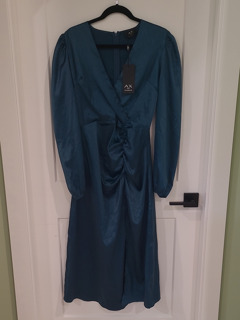 AX Paris Teal Satin Long Sleeve Ruched Midi Dress